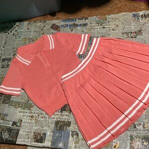 Sporty Casual Peach and White Stripe Tennis Skirt Set. Size S/M. REALLY CUTE SET